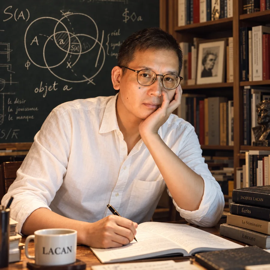 仇满智老师形象照，坐在书桌前，背景为书架与黑板